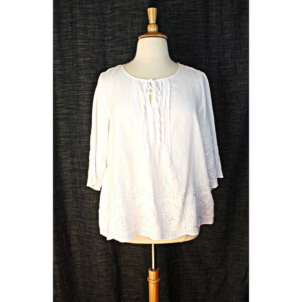 Cottagecore Peasant BOHO CINTHIA ROWLEY Top Tunic 2X White Linen Blend Eyelet 03